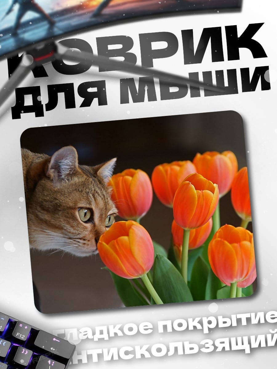 Коврик Кот и тюльпаны