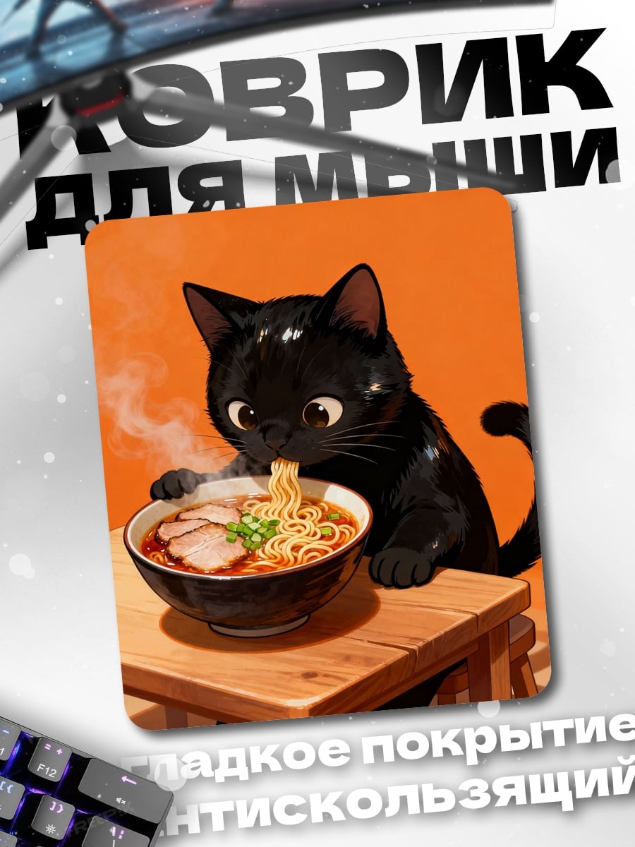 Коврик Черный кот ест рамен