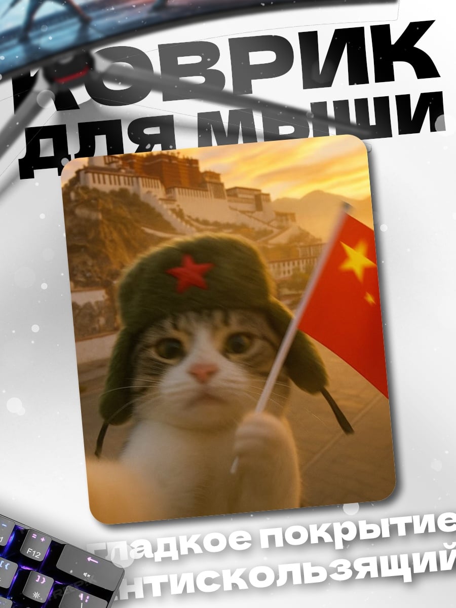 Коврик Кот с китайским флагом