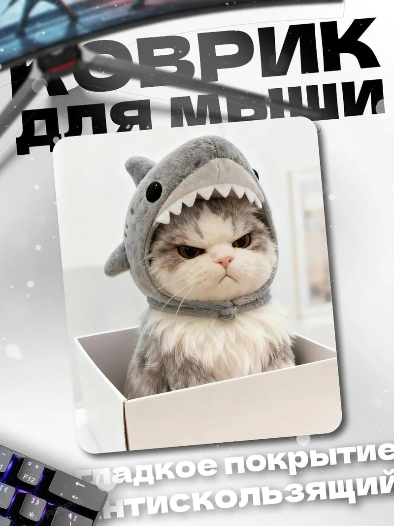 Коврик Кот в шапке акулы