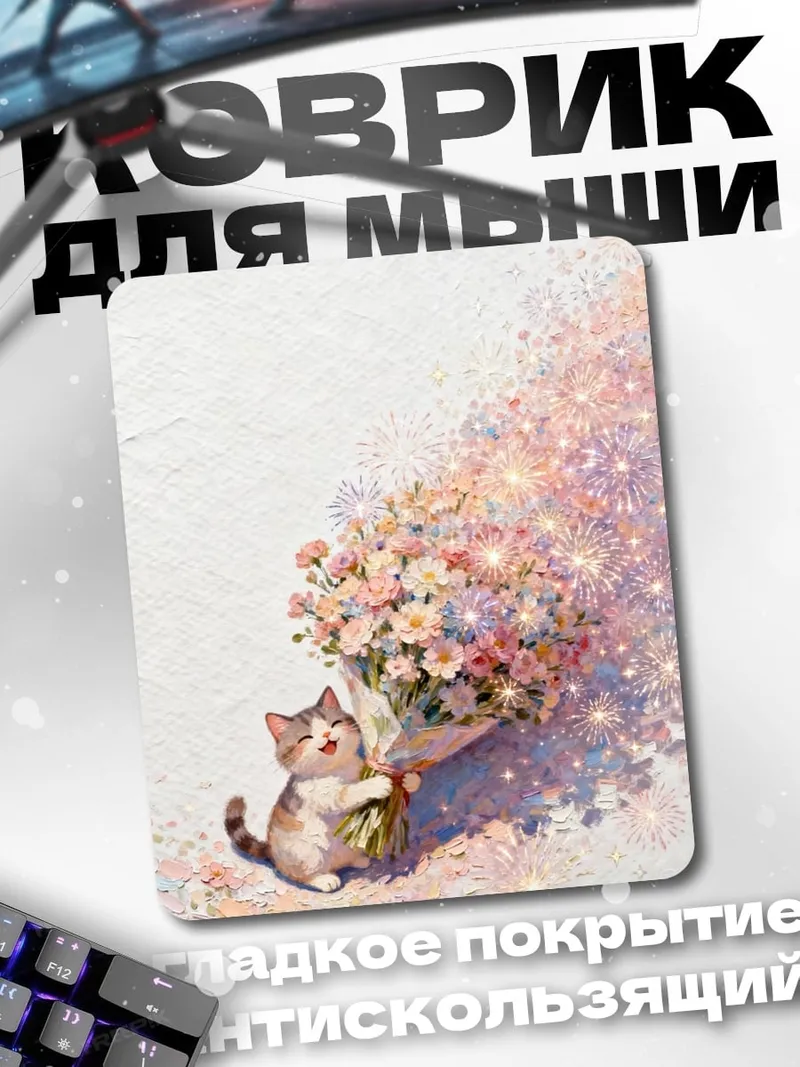 Коврик Кот с букетом цветов
