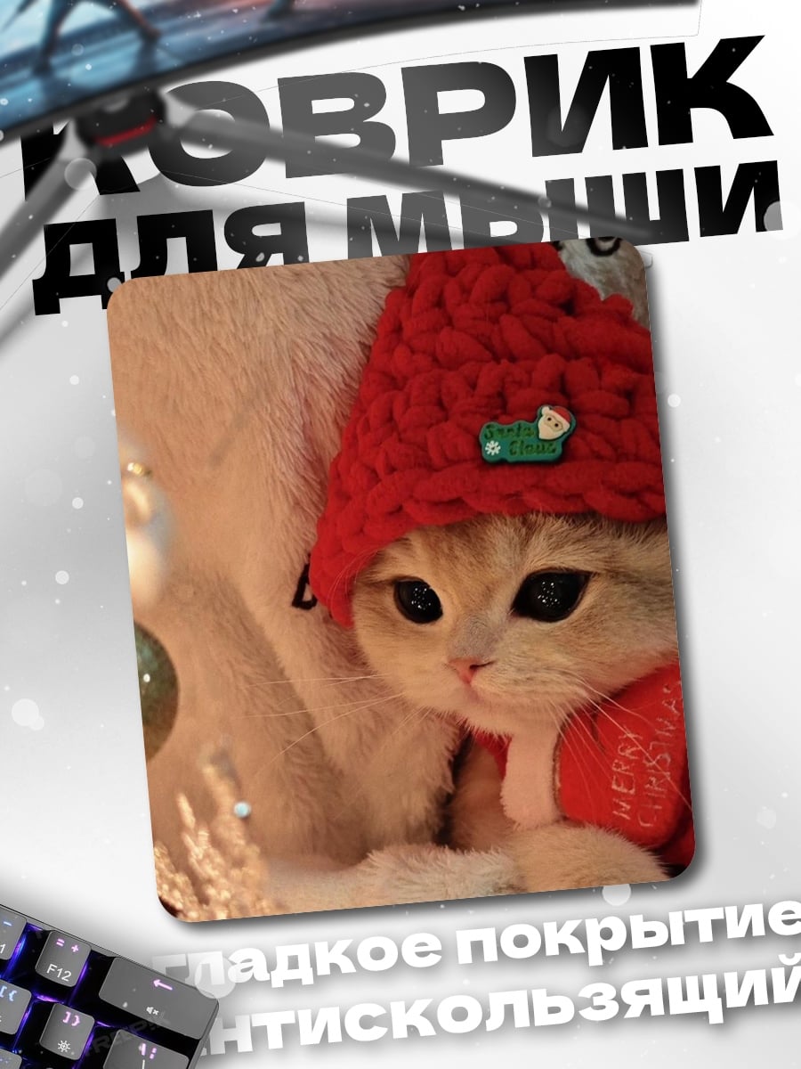 Коврик Кот в рождественской шапке