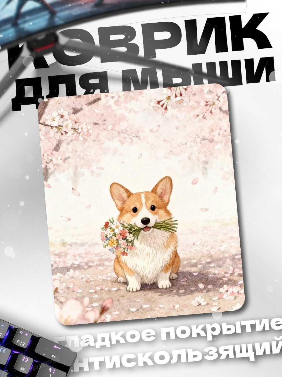 Коврик Корги с цветами