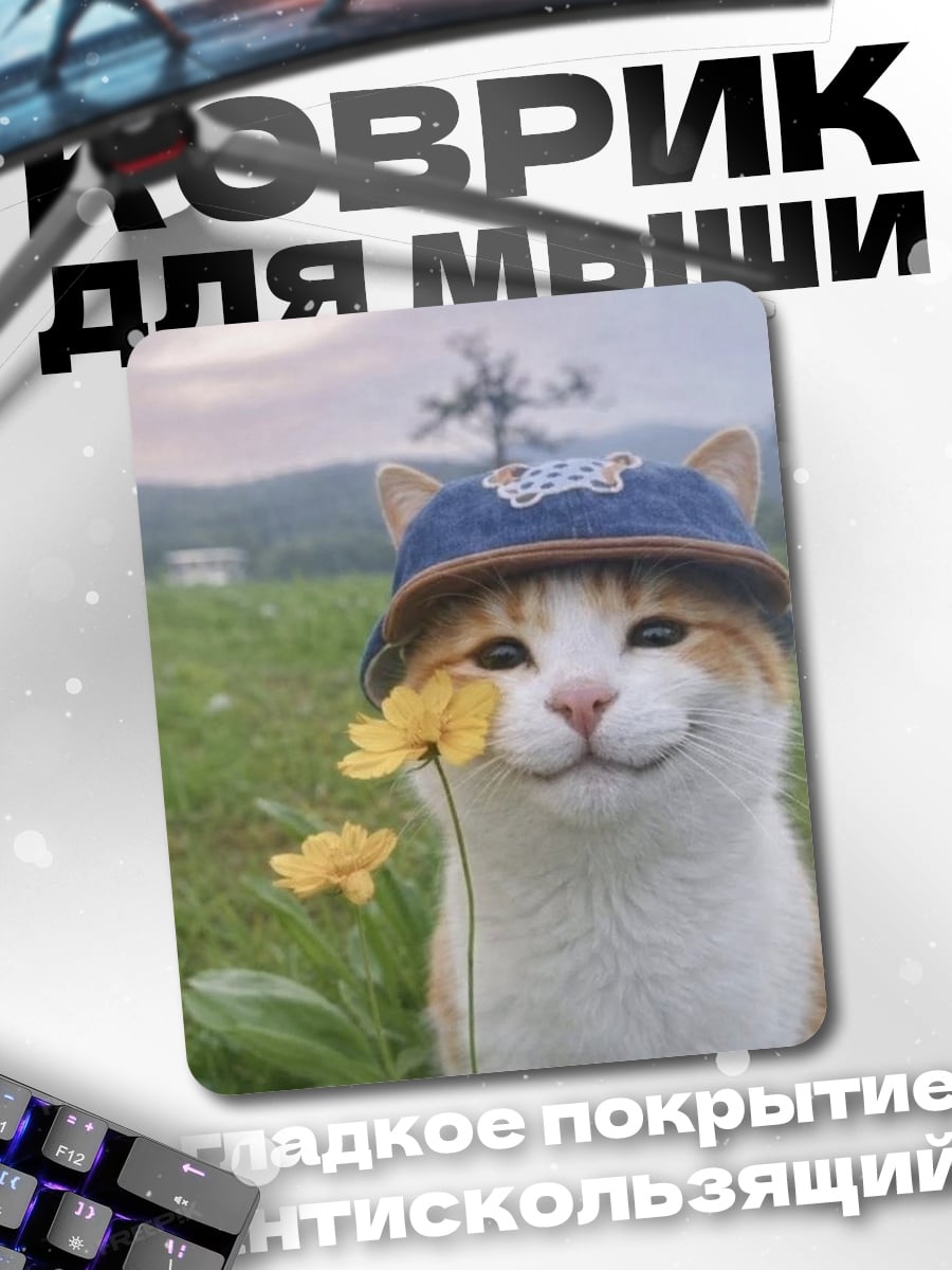 Коврик Кот в панамке с цветком