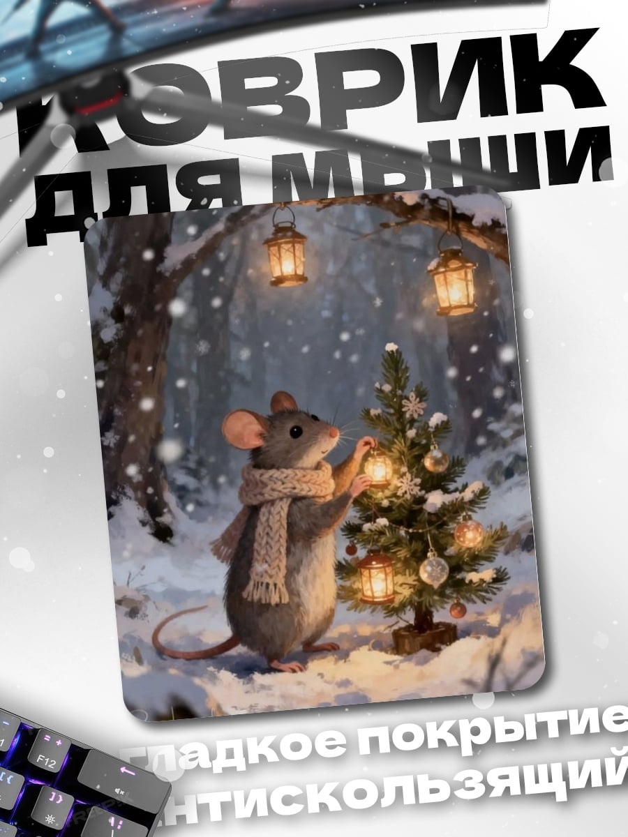 Коврик Мышь украшает елку
