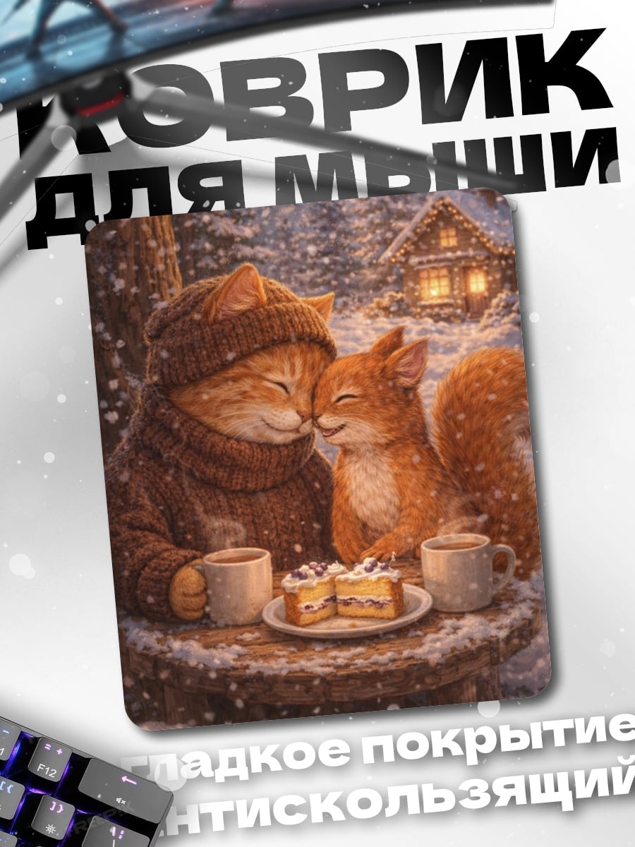 Коврик Зимний уют кота и белки