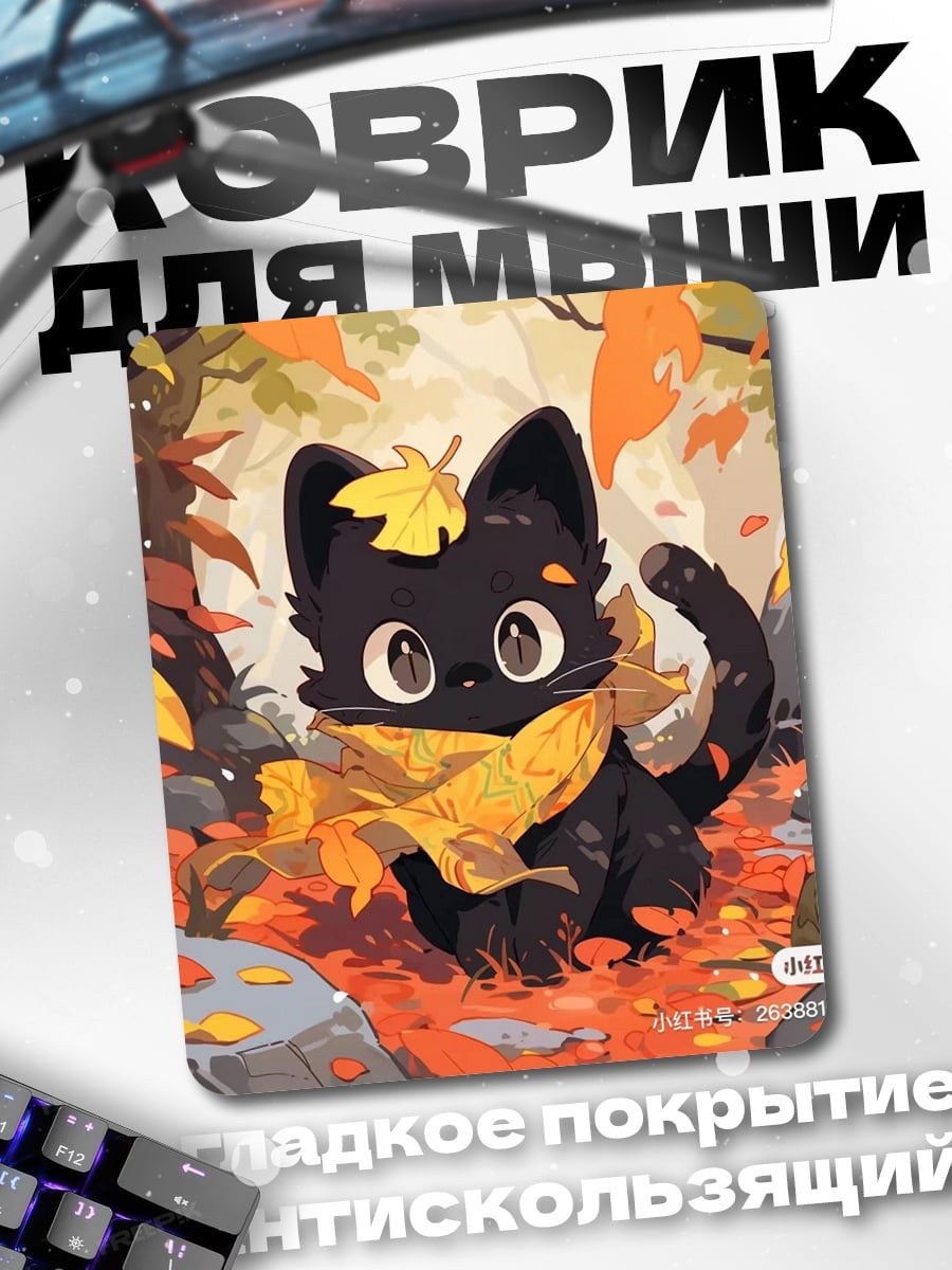 Коврик Черный котенок осенью