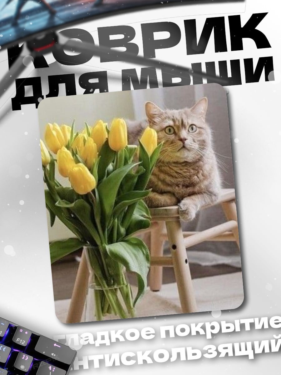Коврик Кот с тюльпанами