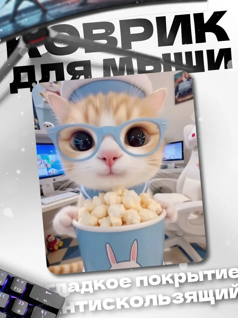 Коврик Кот в очках с попкорном