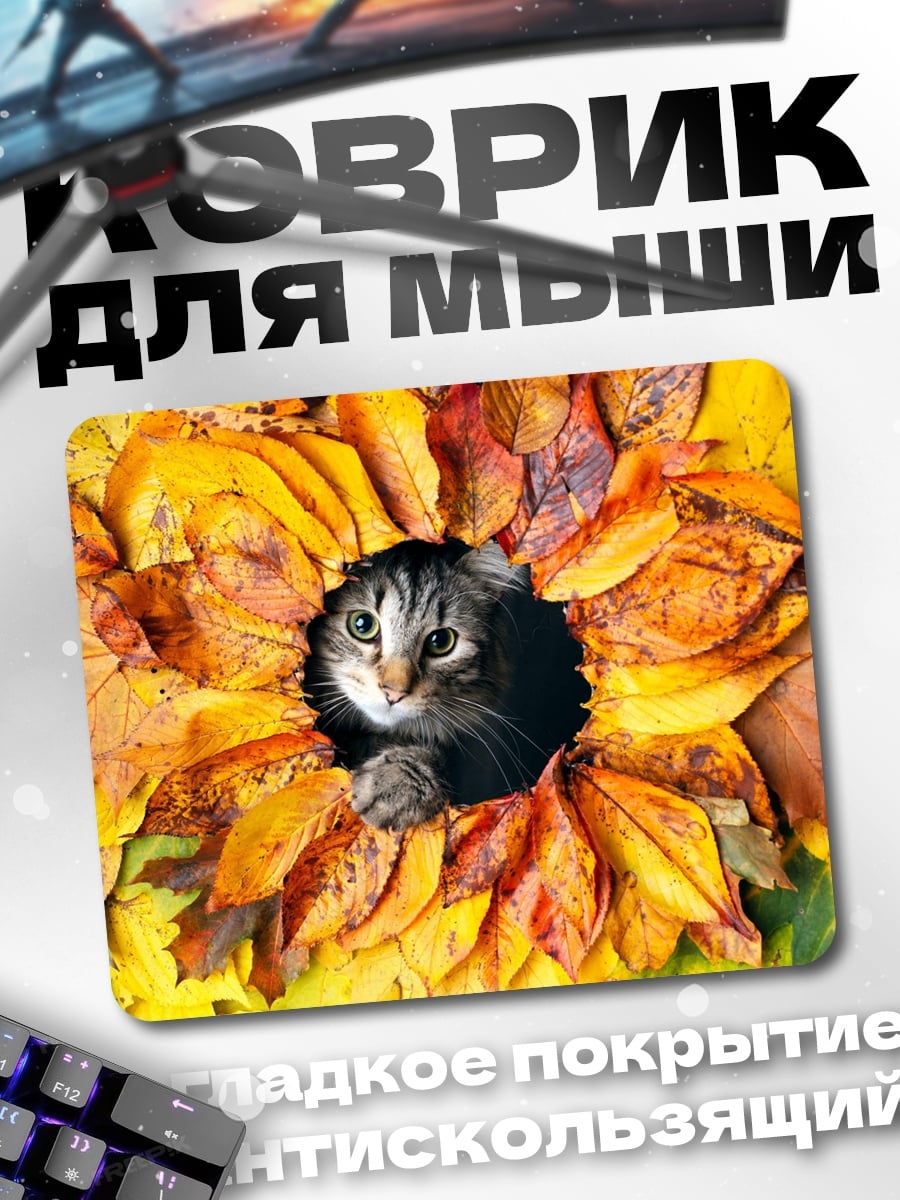 Коврик кот в осенних листьях
