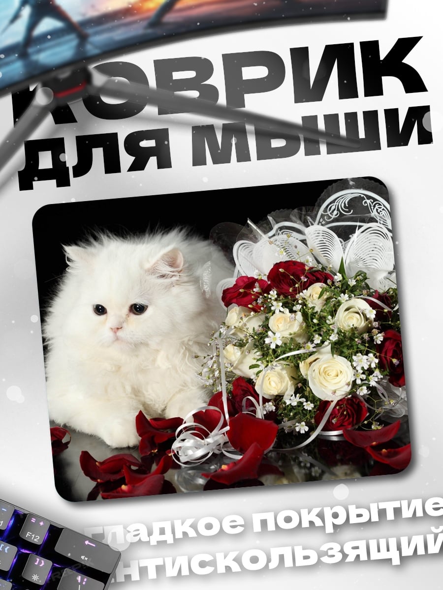 Коврик Белый котенок и розы