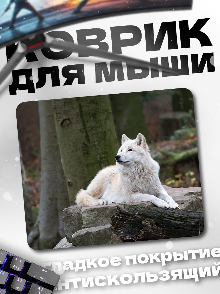 Коврик белый волк лес