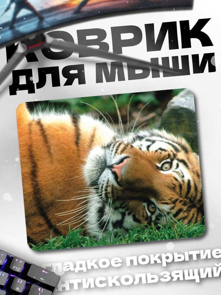 Коврик Тигр лежит на траве