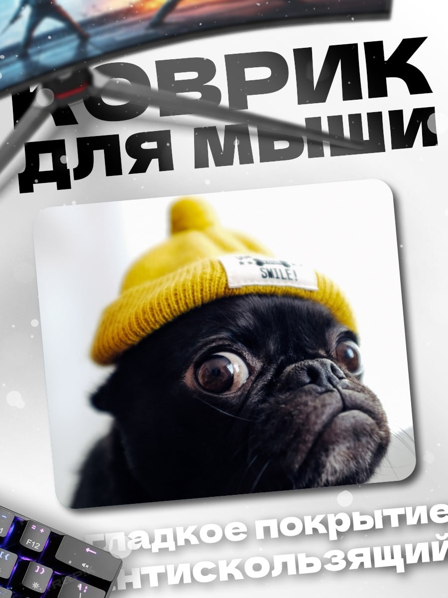 Коврик Мопс в шапке