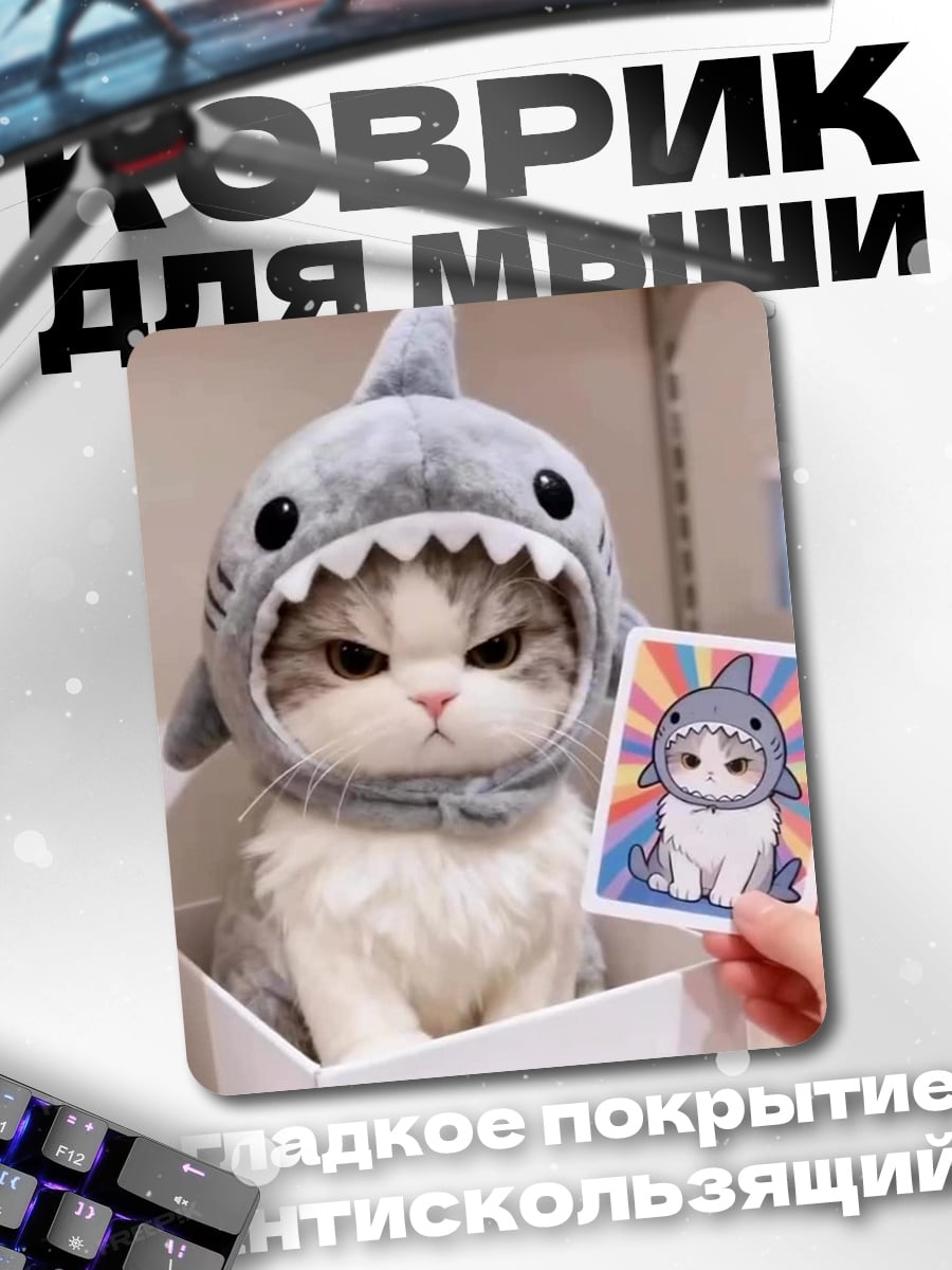 Коврик Кот в шапке акулы
