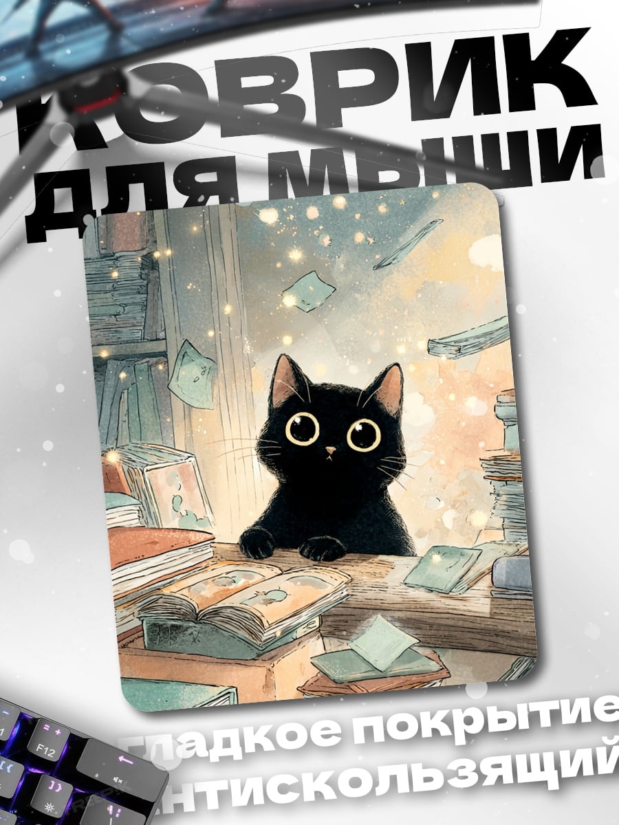 Коврик черный котенок в библиотеке