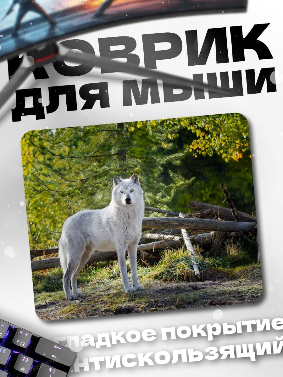 Коврик белый волк в лесу