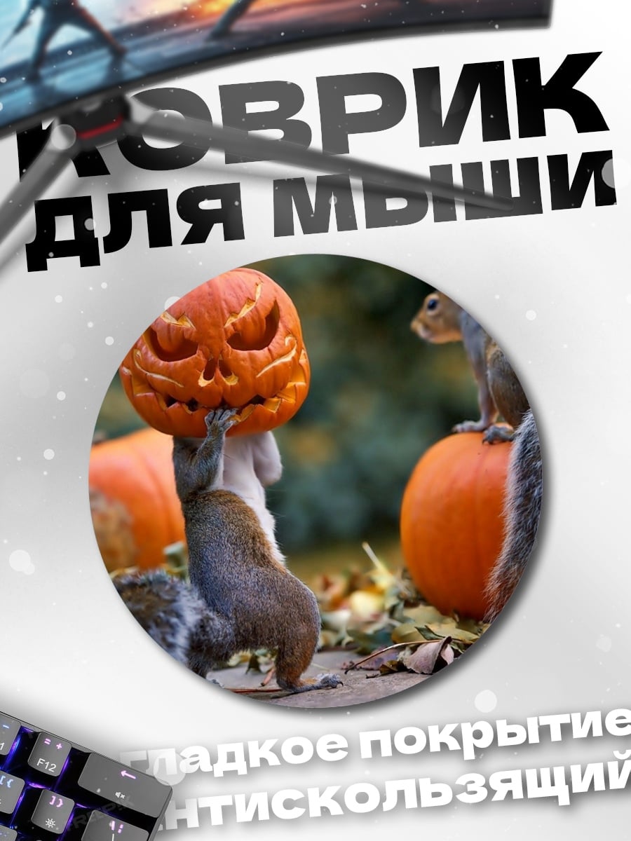 Коврик круглый Белки и тыква на Хэллоуин