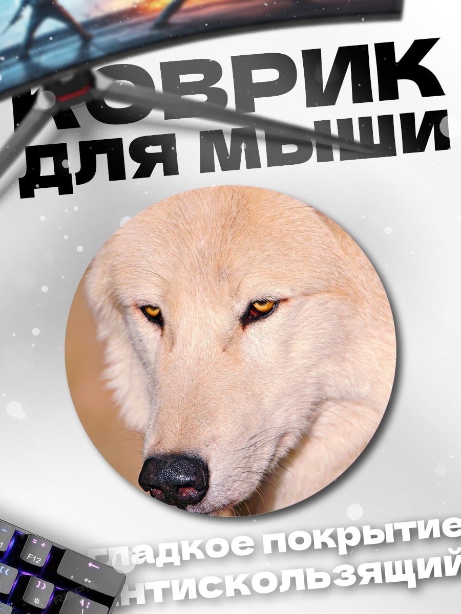 Коврик круглый белый волк взгляд