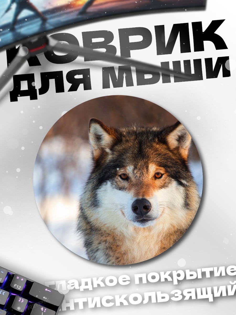 Коврик круглый портрет волка зимой