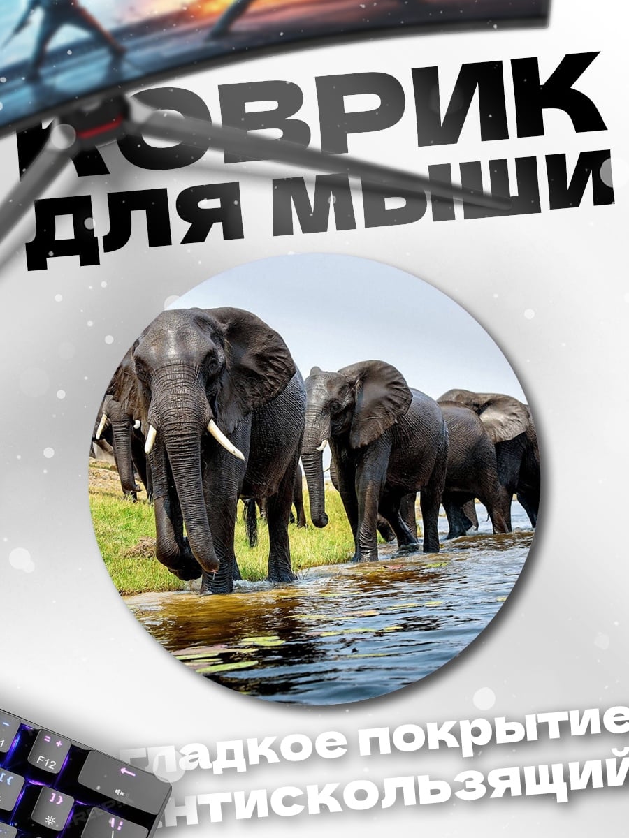 Коврик круглый Слоны у воды
