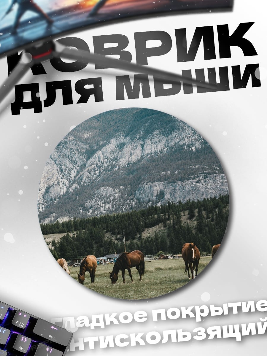 Коврик круглый лошади в горах