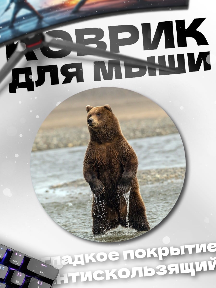 Коврик круглый стоящий медведь река