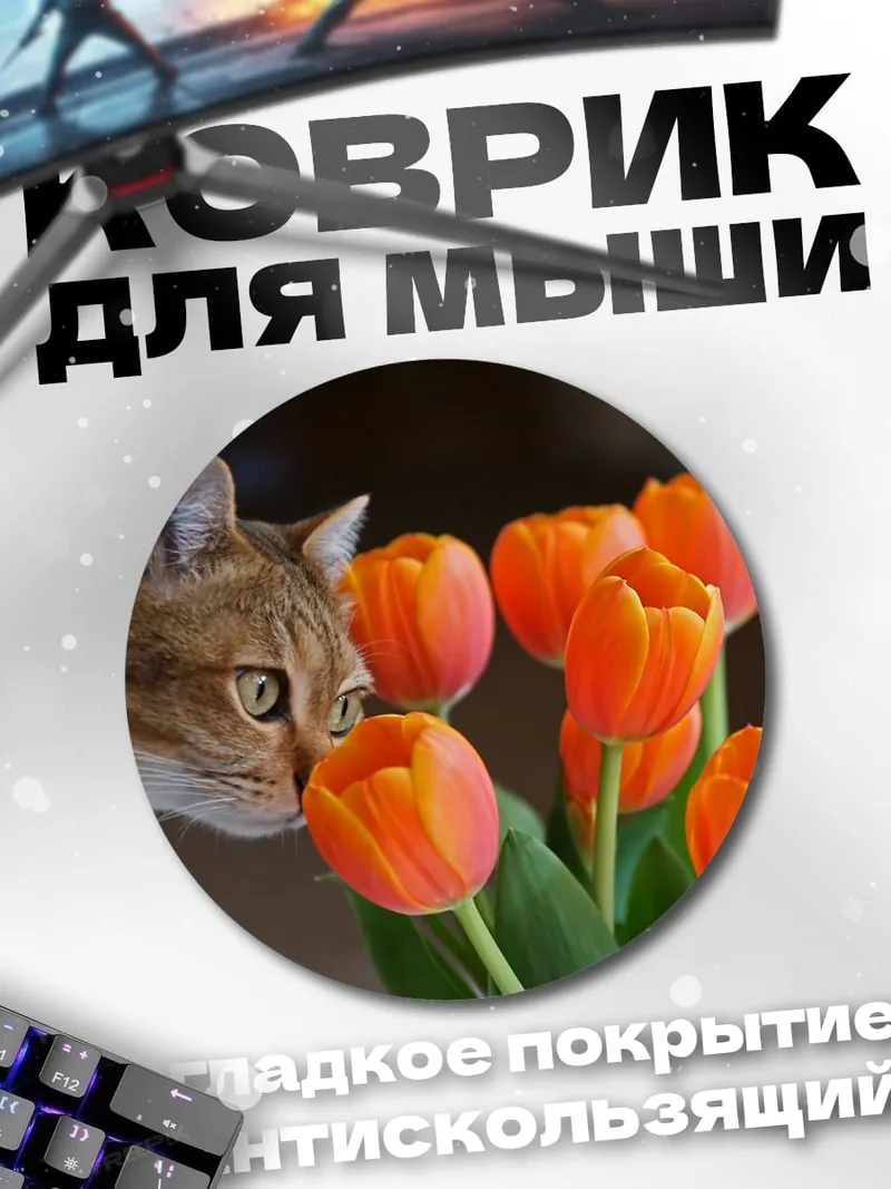 Коврик круглый Кот и тюльпаны