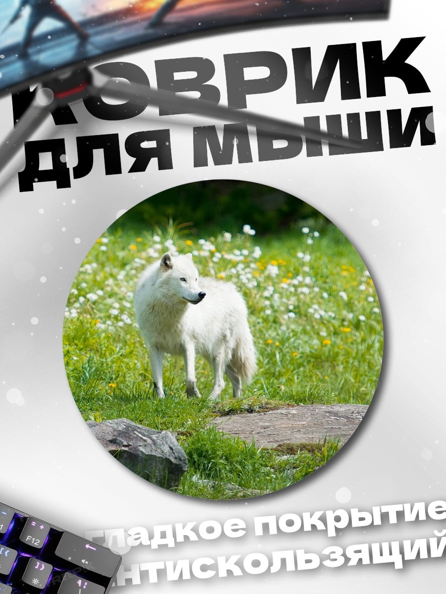 Коврик круглый Белый волк на лугу