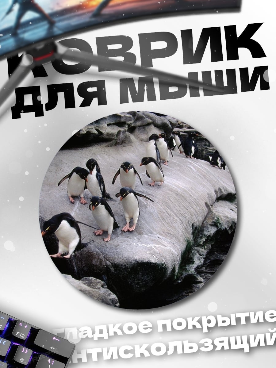 Коврик круглый стая пингвинов на скале