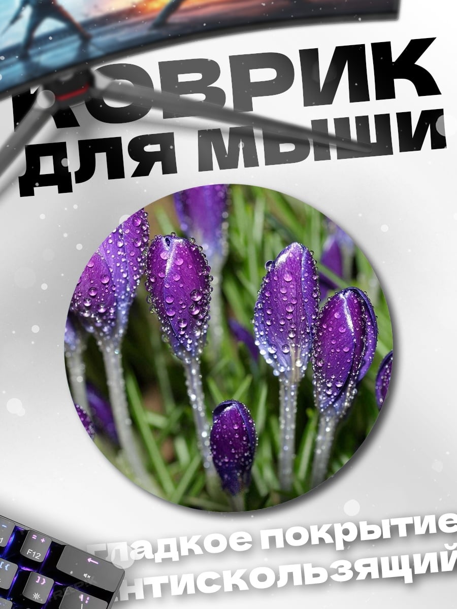 Коврик круглый фиолетовые крокусы в росе