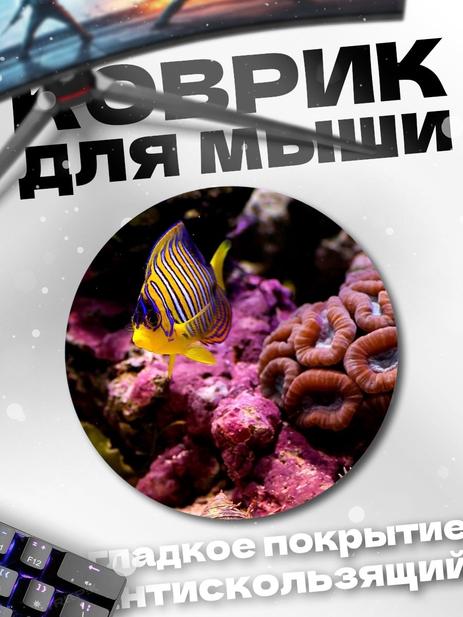 Коврик круглый Рыбка ангел в кораллах