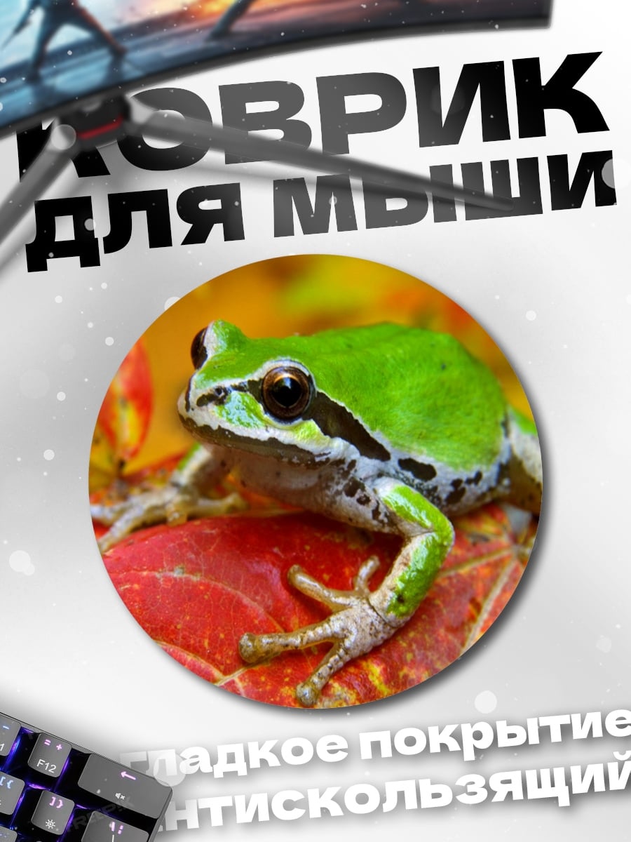 Коврик круглый Зеленая лягушка на листьях