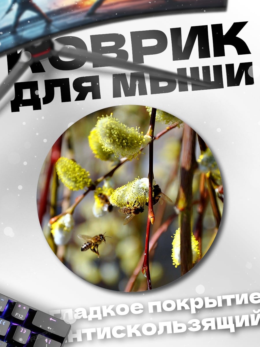 Коврик круглый Пчела на ветке вербы