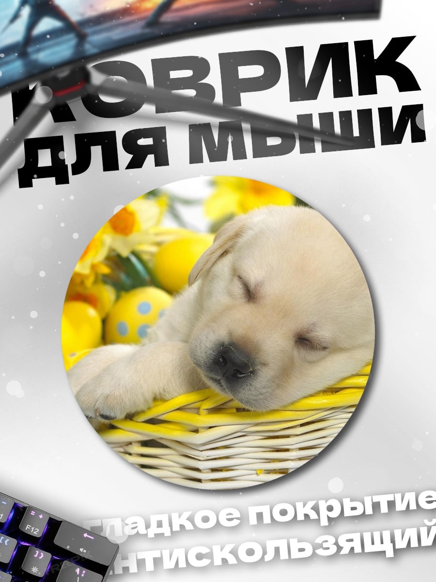 Коврик круглый спящий щенок в корзине