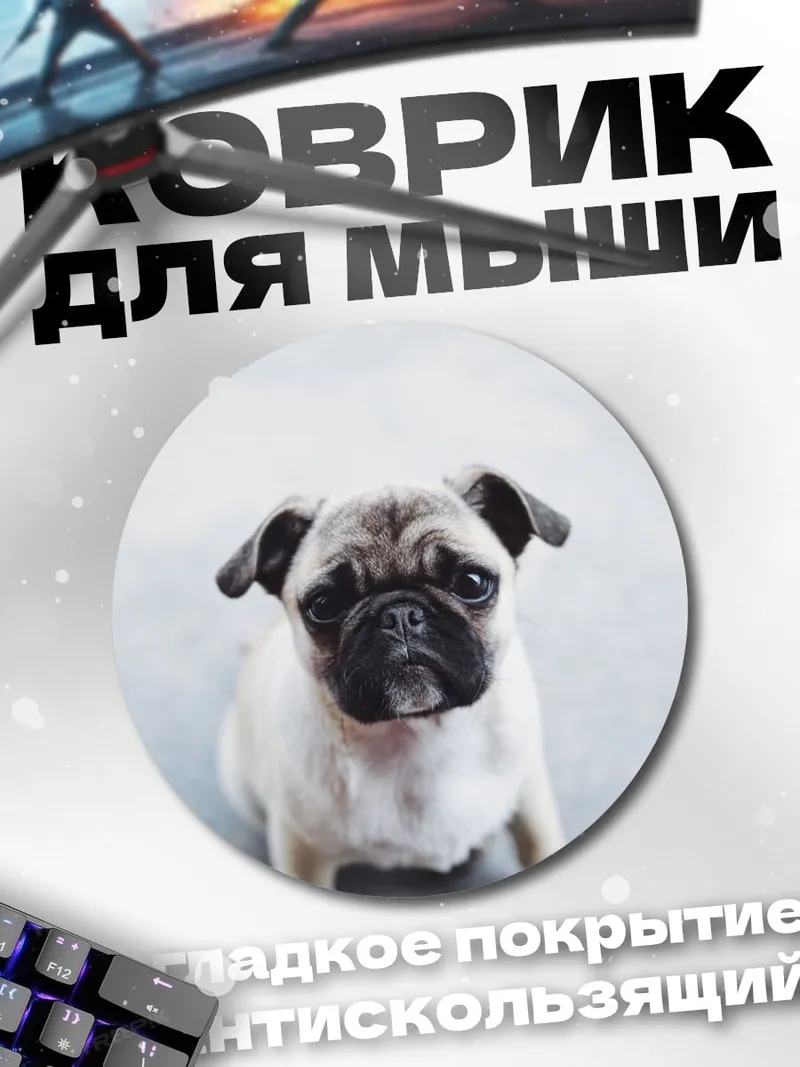 Коврик круглый Мопс смотрит вверх