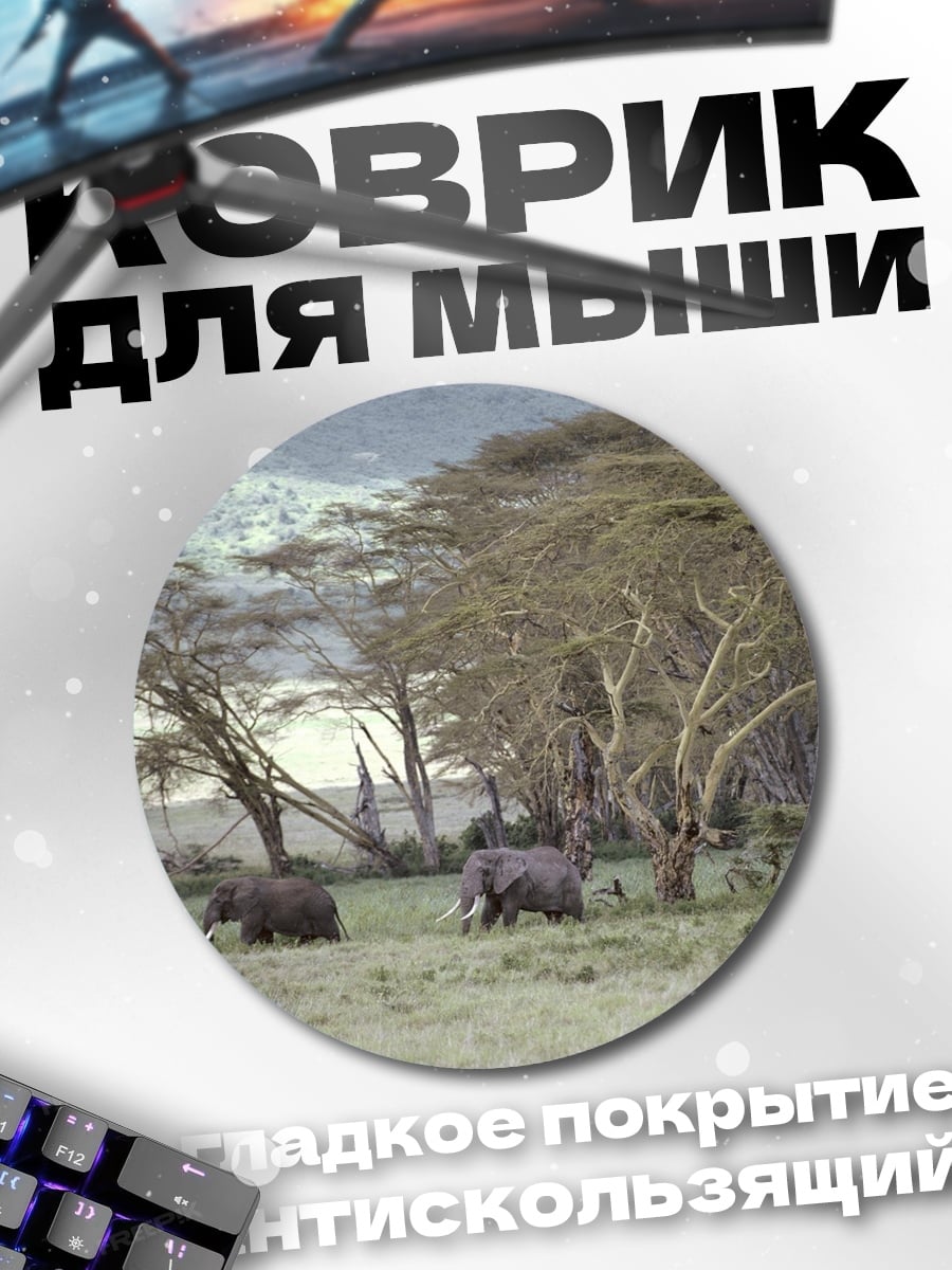 Коврик круглый Африканские слоны саванна