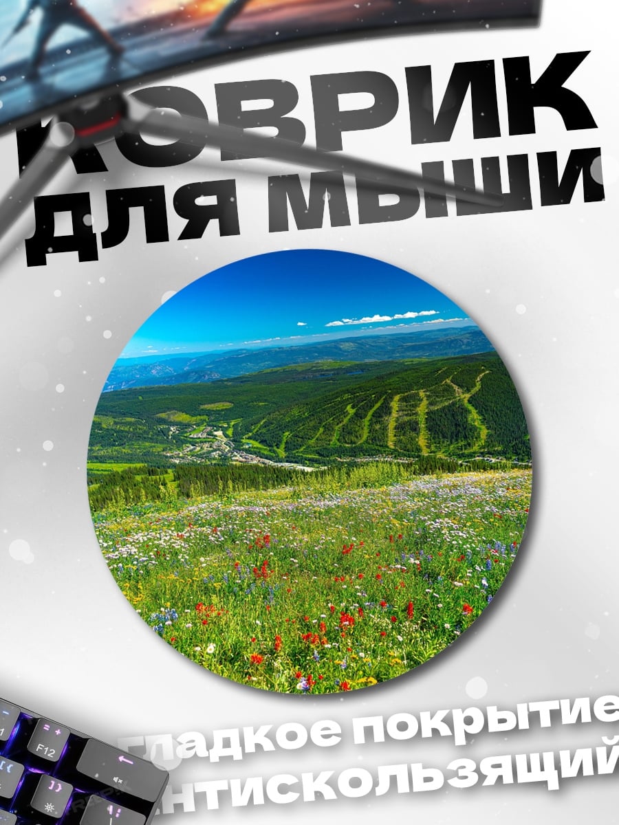 Коврик круглый горный пейзаж с цветами