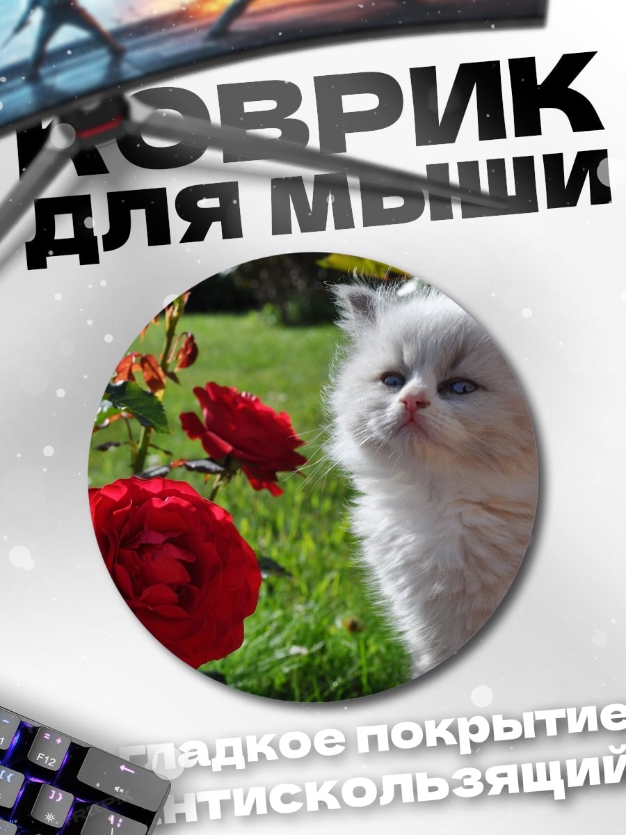 Коврик круглый Котёнок и розы