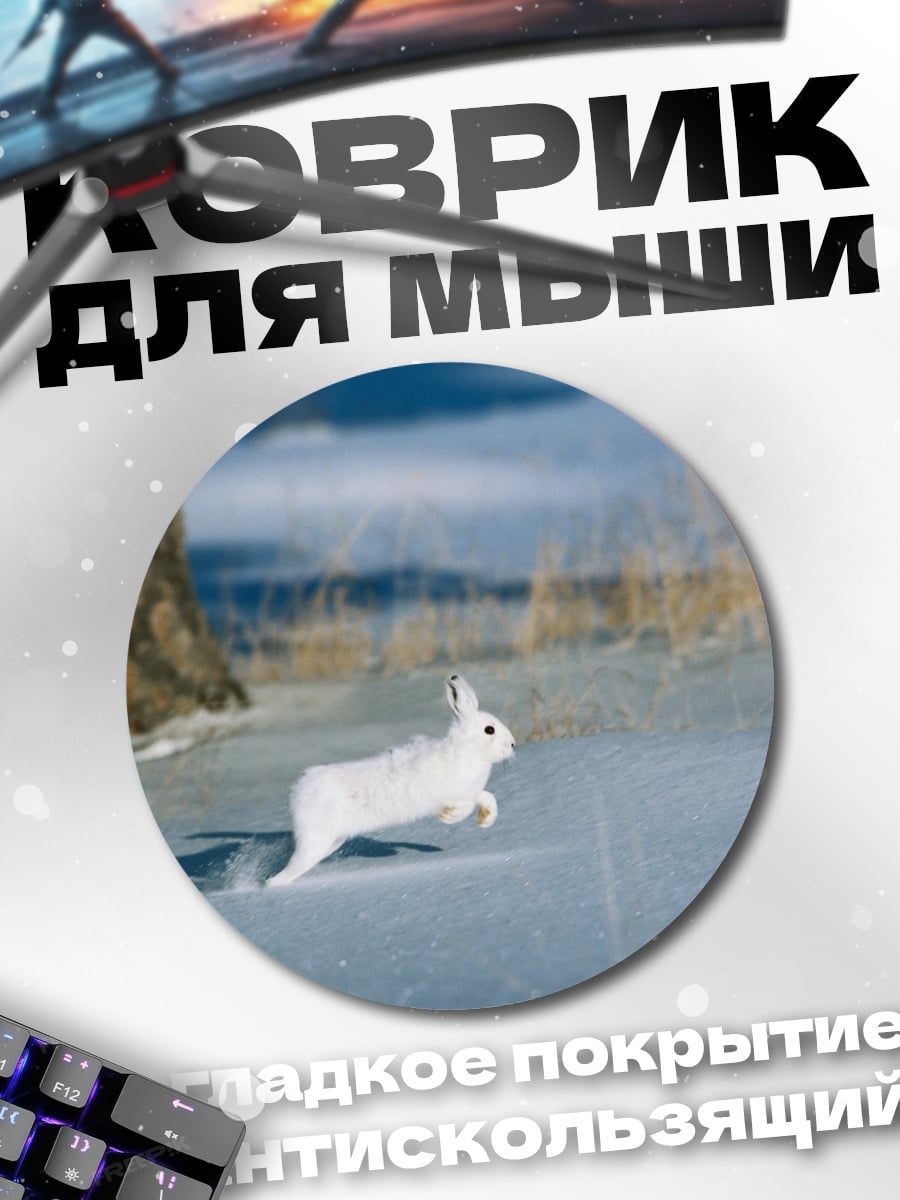 Коврик круглый Белый заяц в снегу
