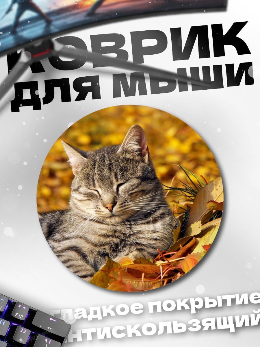 Коврик круглый Кот осенние листья