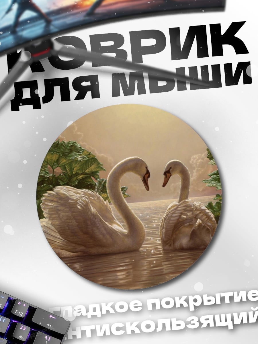Коврик круглый Пара лебедей воде