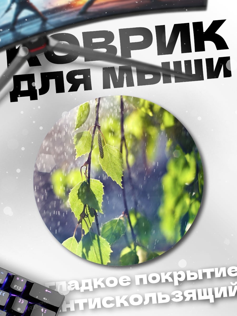 Коврик круглый Березовые ветки под дождем