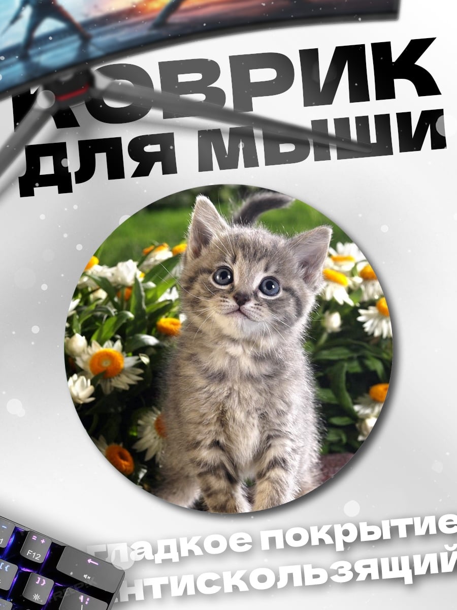 Коврик круглый котенок среди цветов