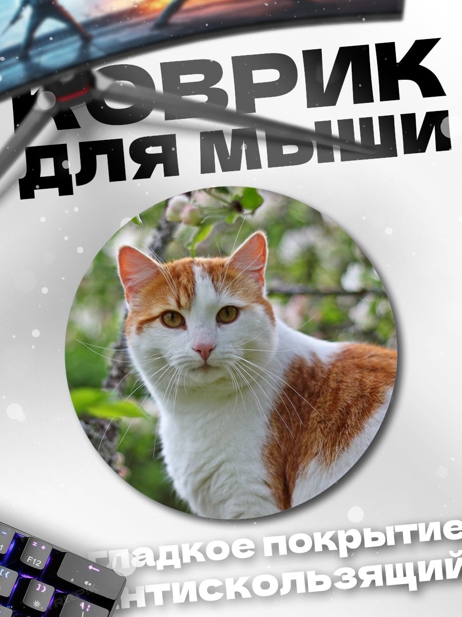 Коврик круглый Рыжий кот в цветах