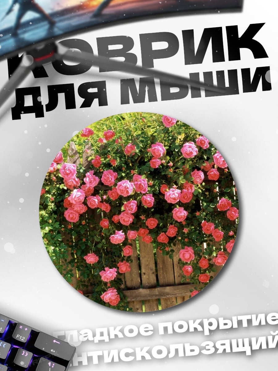 Коврик круглый розовые розы забор