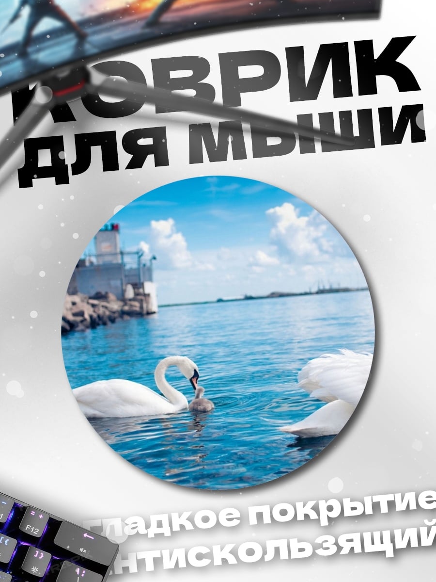 Коврик круглый лебединая семья у причала