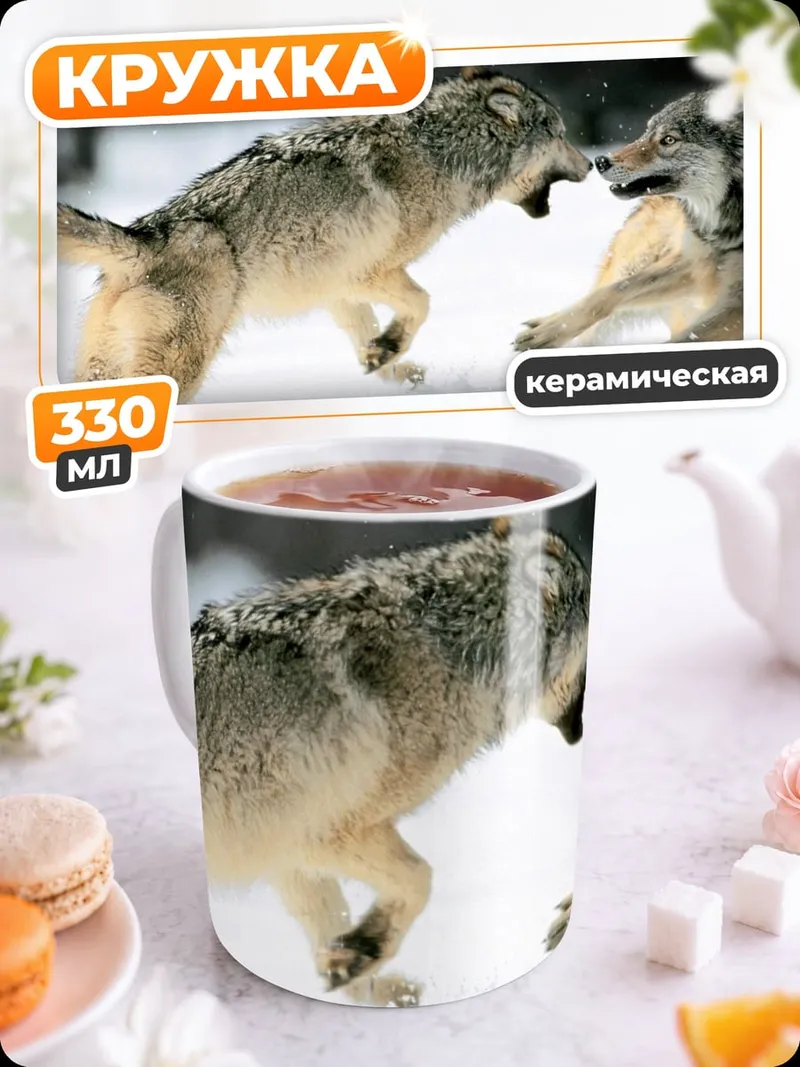 Кружка керамическая два волка зима