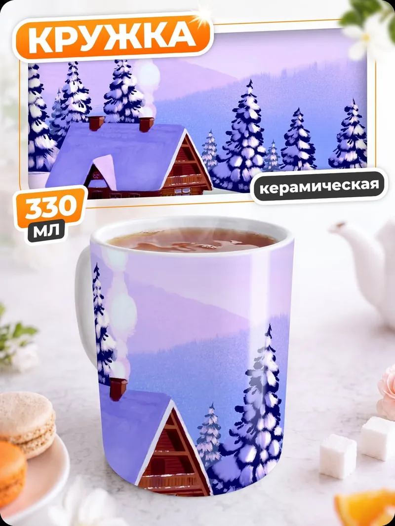 Кружка керамическая Зимний домик в лесу