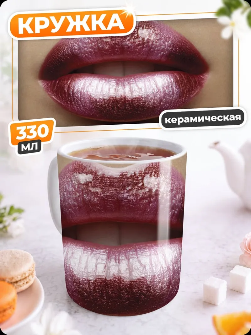 Кружка керамическая блестящие розовые губы